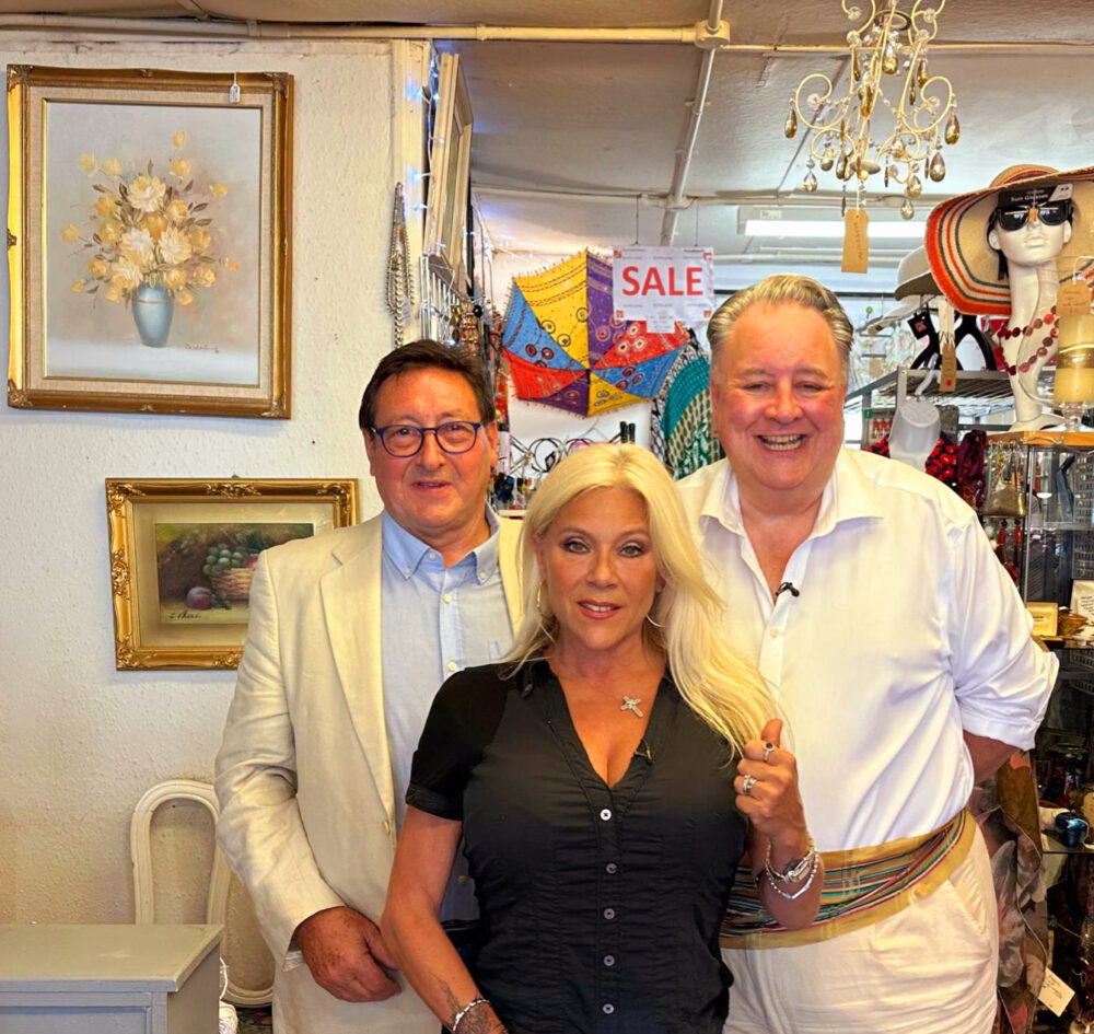 Graham with Samantha Fox and Steven Moore during the filming of Celebrity Antiques Road Trip at Godstone Emporium