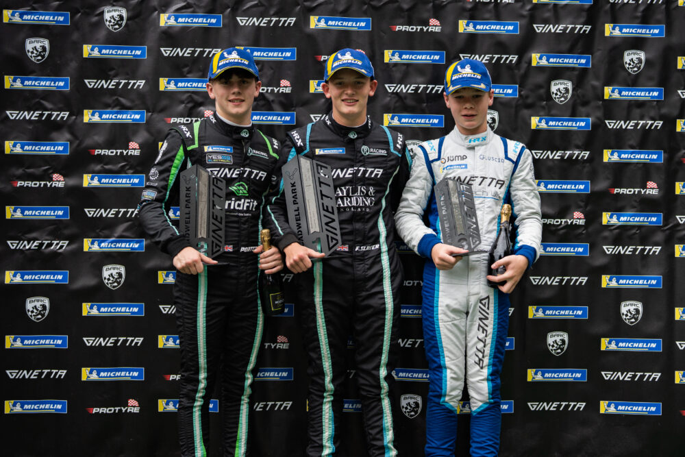 Mikey Porter on the podium during the Ginetta Junior Championship