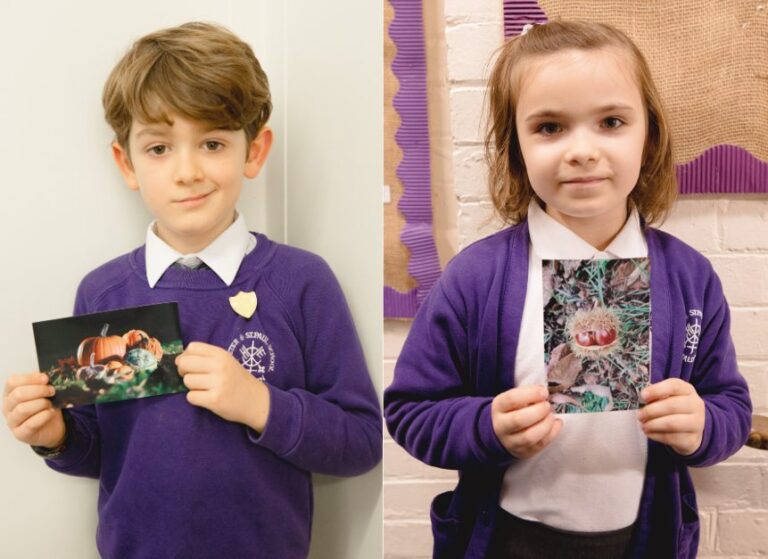Alexander and Sofia from St Peter and Paul Church Primary School in Chaldon, with their winning photographs