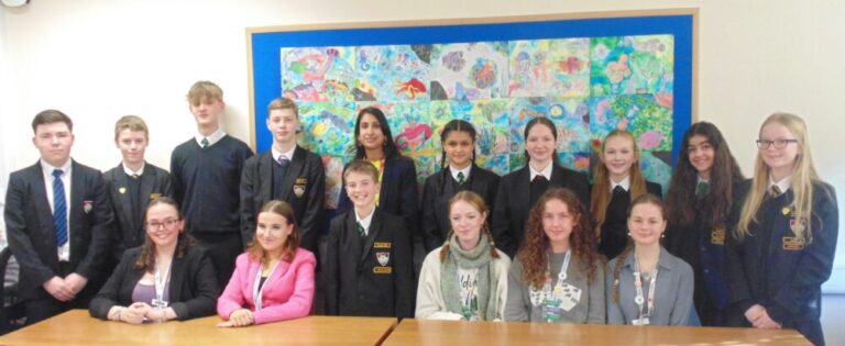 Year 10 pupils at Oxted School with MP for East Surrey Claire Coutinho