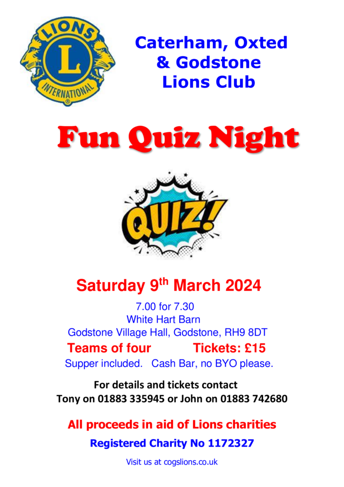 Caterham, Oxted and Godstone Lions quiz night poster